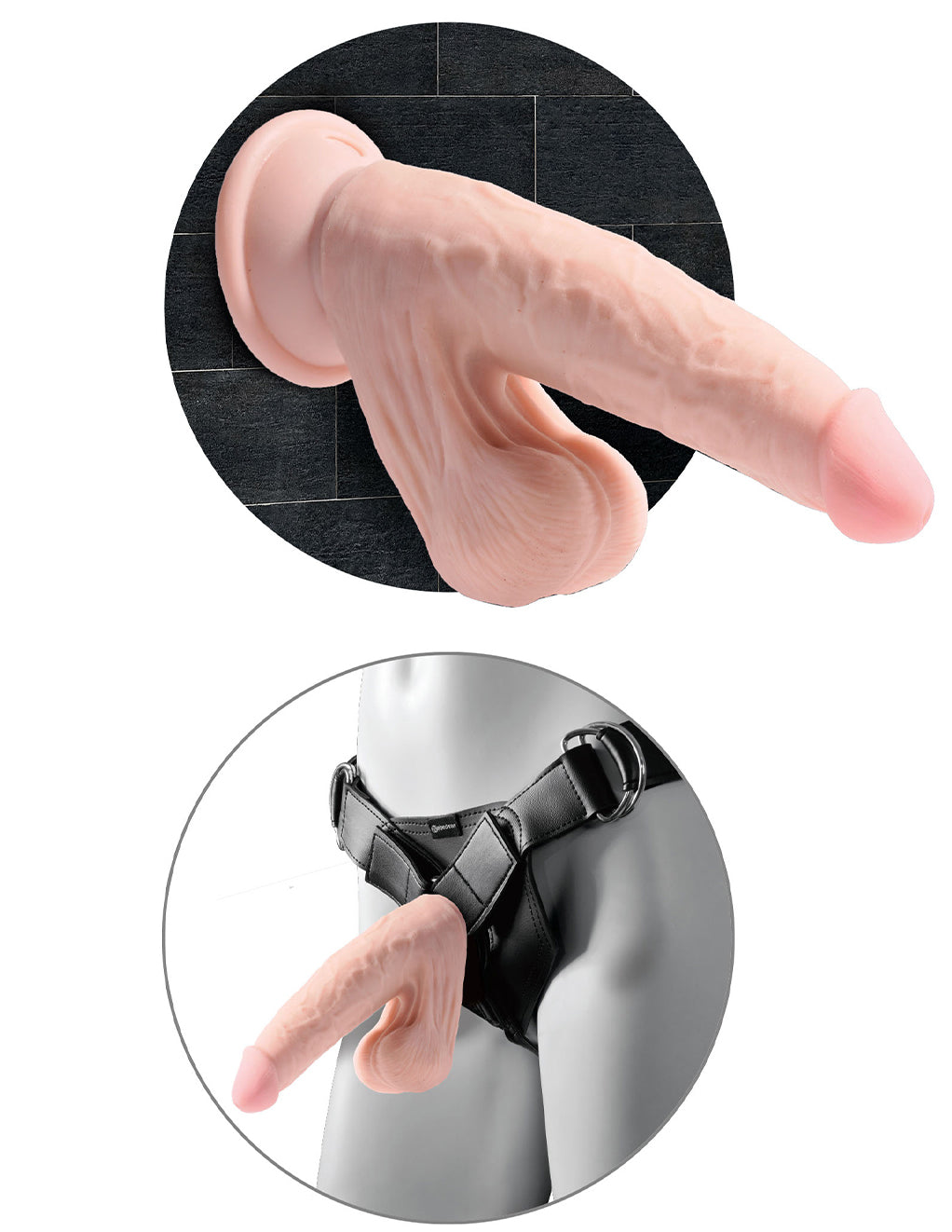 King Cock Plus 8" 3D Cock- Suction Cup and harness diagram