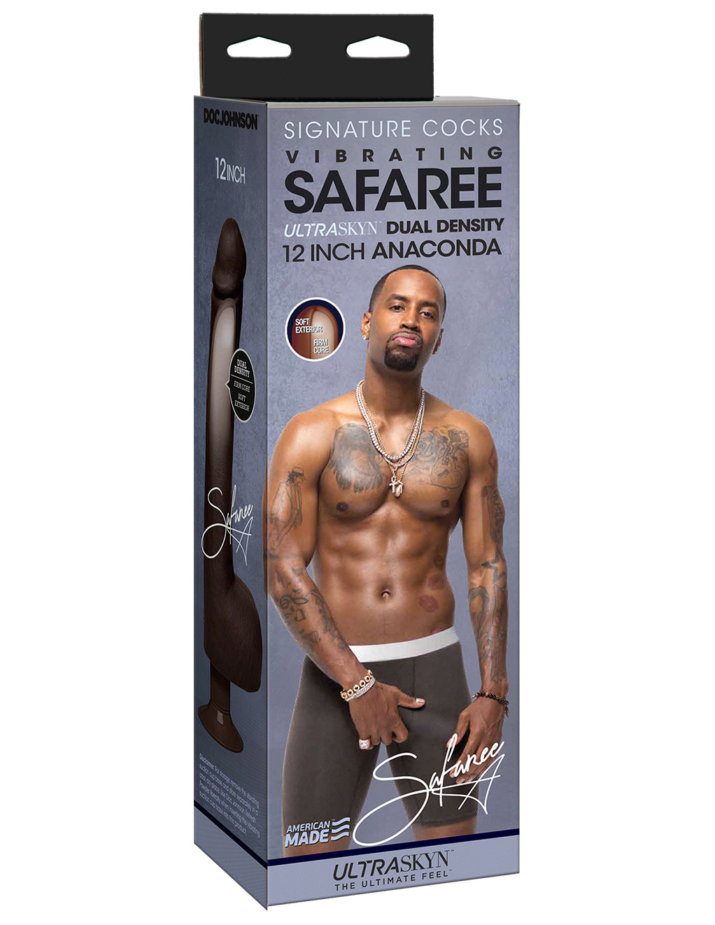 Safaree Samuels Anaconda Vibrating 12 inch UltraSkyn Cock- Brown- Front- Side Box