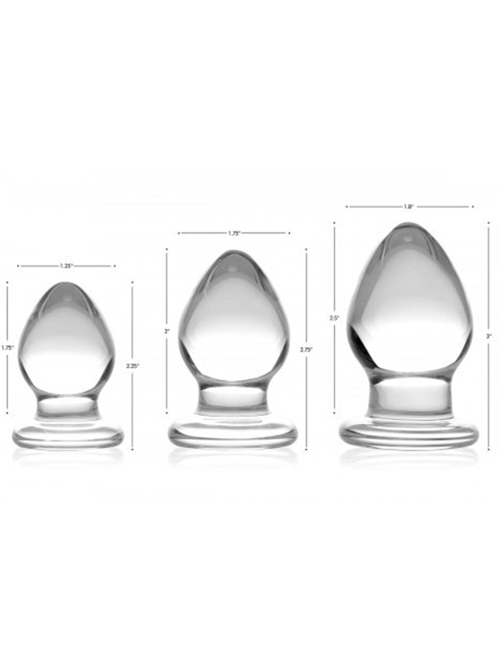 Prisms Erotic Glass Triplets 3 Piece Glass Anal Plug Kit- Dimensions