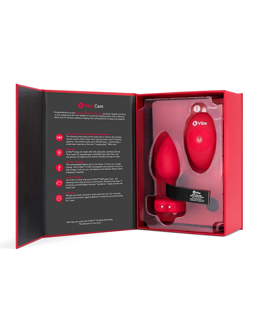 B-Vibe Vibrating Heart Plug M/L- Scarlet Ruby- Box Open