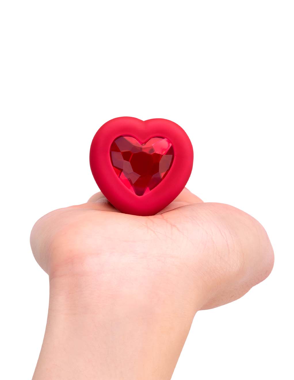 B-Vibe Vibrating Heart Plug M/L- Scarlet Ruby In Hand 3