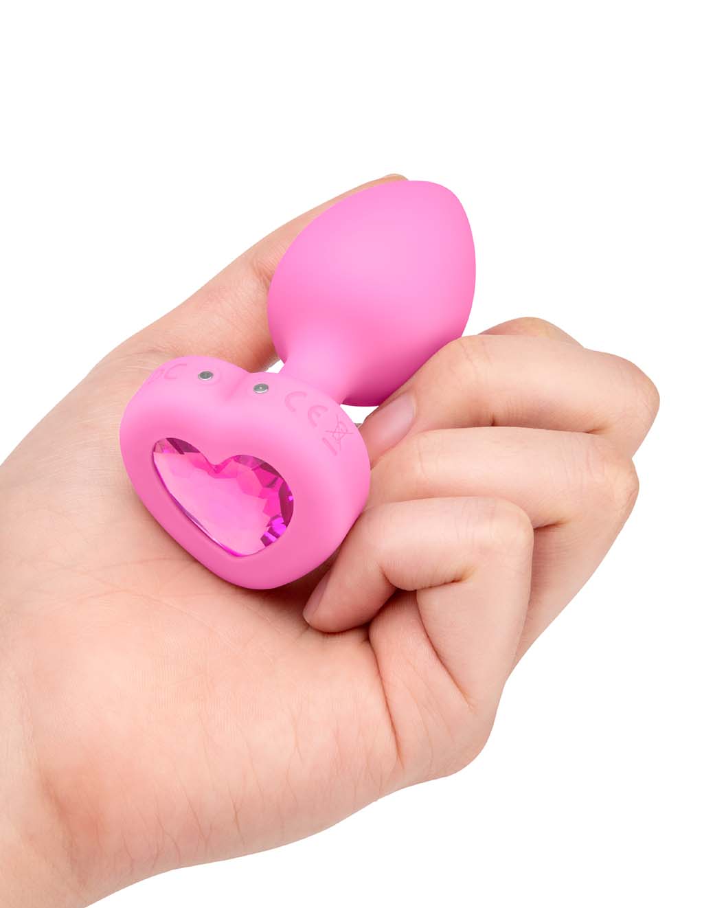 B-Vibe Vibrating Heart Plug S/M Pink Topaz- In Hand 4