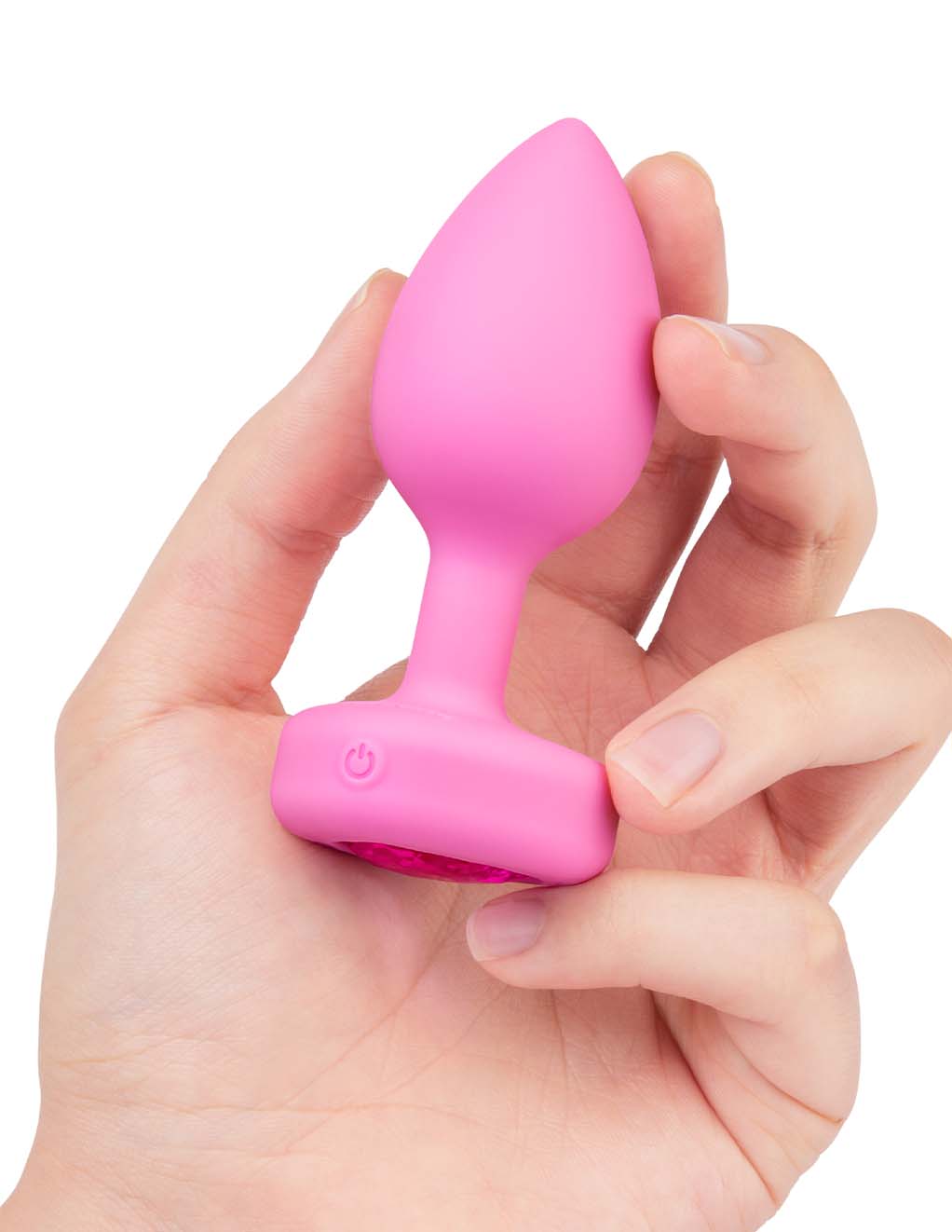 B-Vibe Vibrating Heart Plug S/M Pink Topaz- In Hand 3