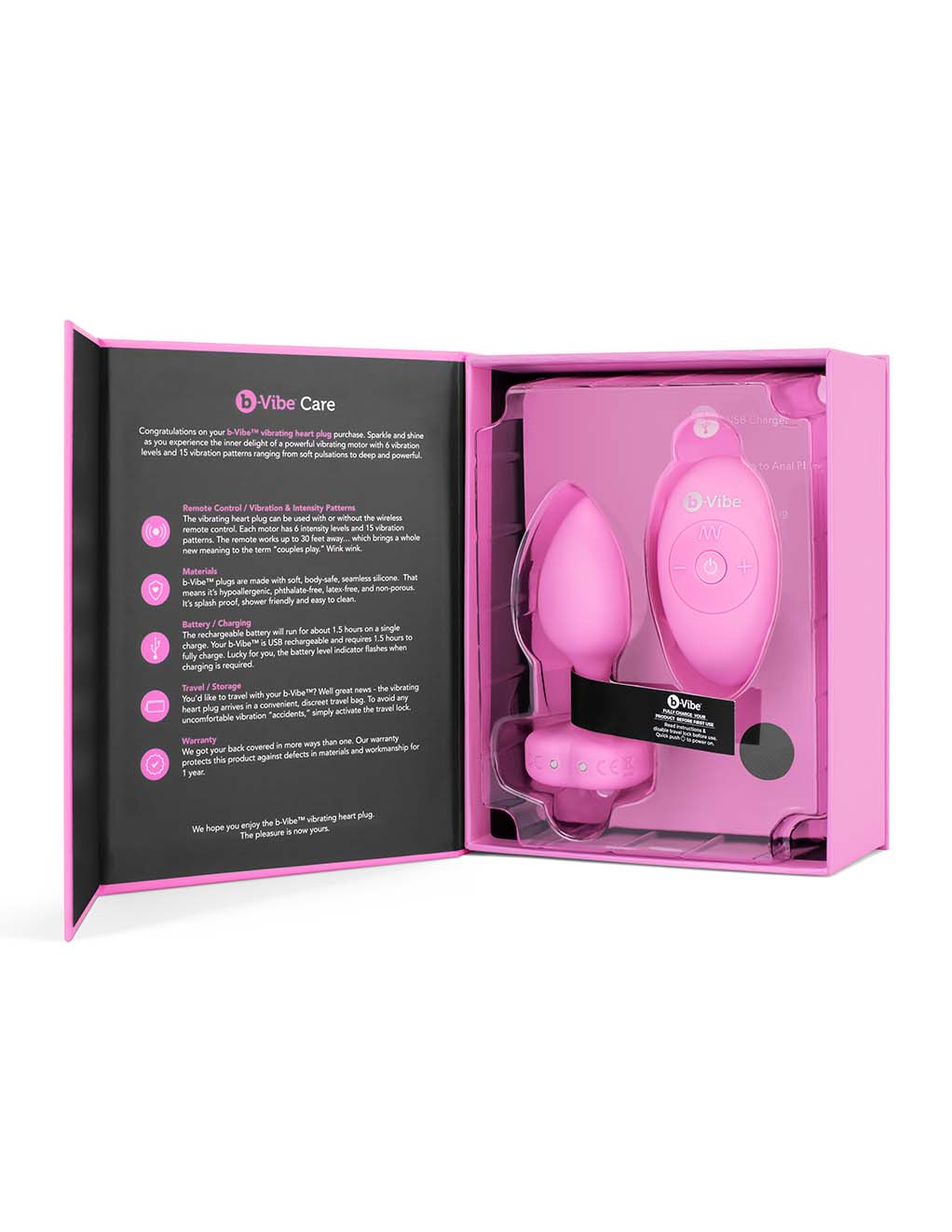 B-Vibe Vibrating Heart Plug S/M Pink Topaz Box Open