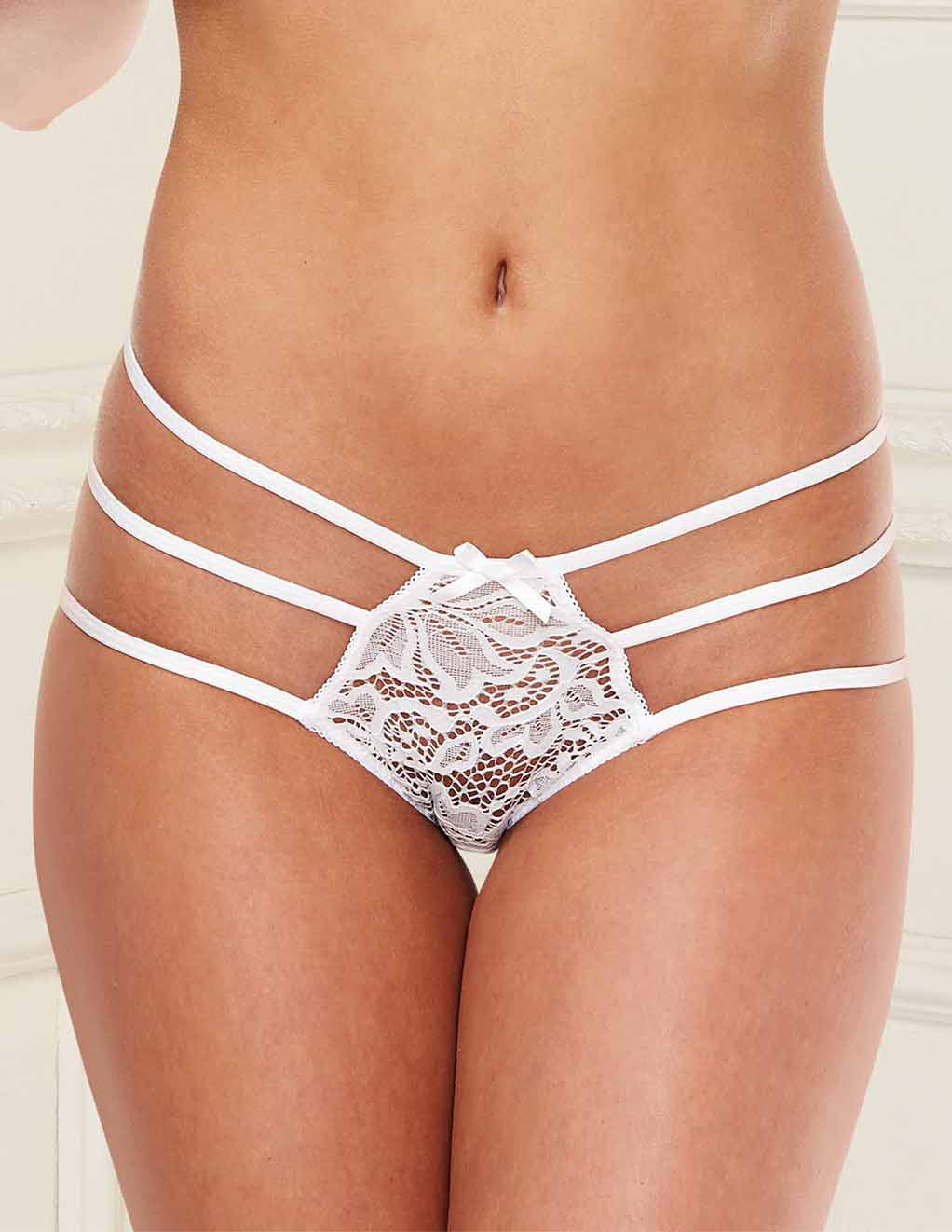 Baci Lace Crotchless Bikini Panty- Small- White- Front