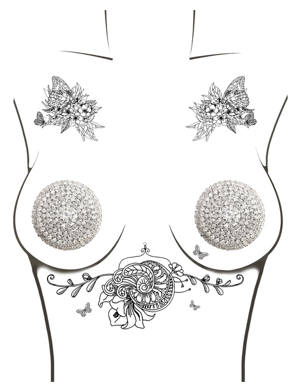 Neva Nude Round Jewel Pasties- On Drawn Model