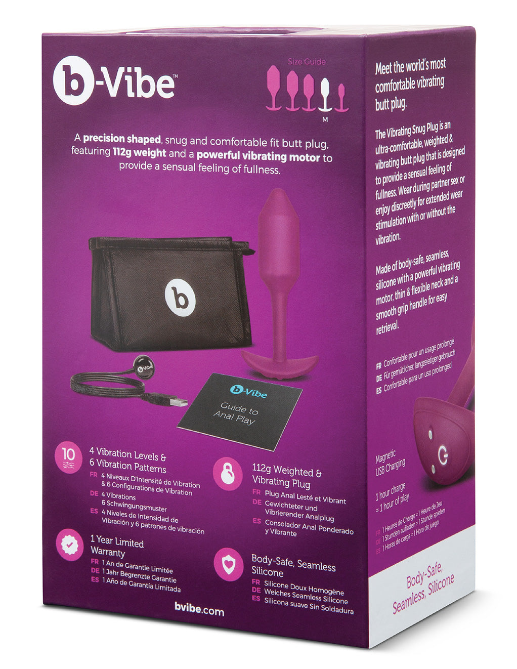 B-Vibe Medium Vibrating Snug Plug- Rose- Back box