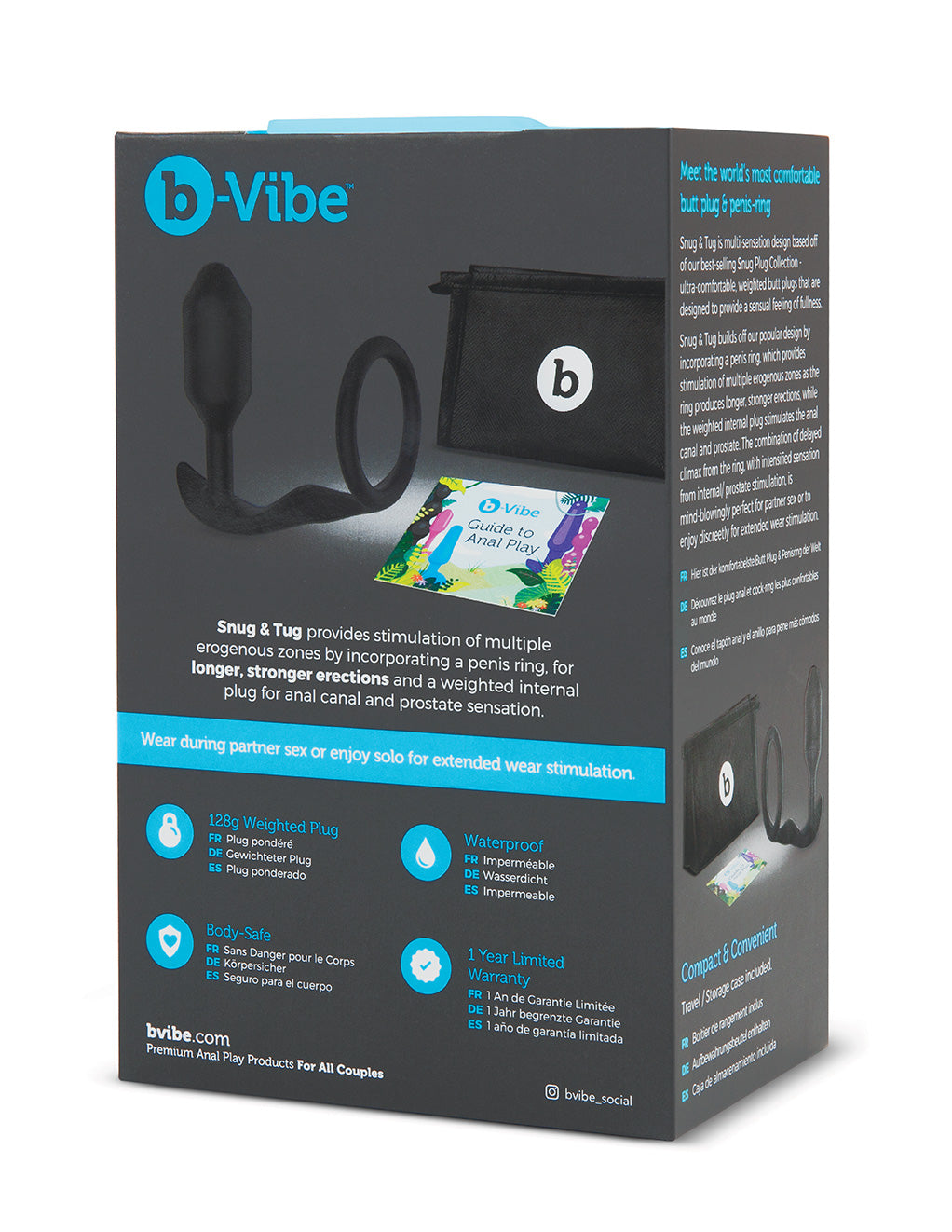 B-Vibe Snug & Tug Weighted Silicone Anal Plug and Cock Ring- Back box