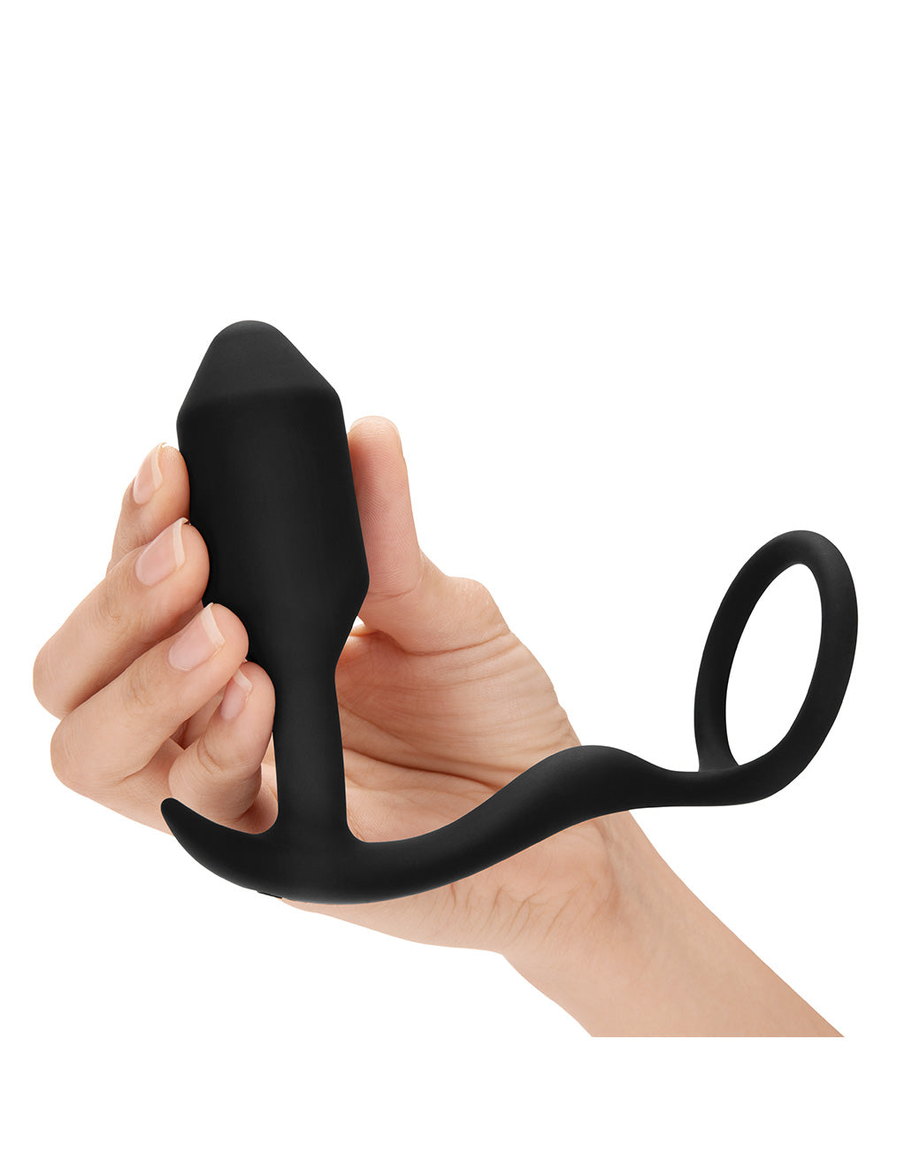 B-Vibe Snug & Tug Weighted Silicone Anal Plug and Cock Ring- In hand 