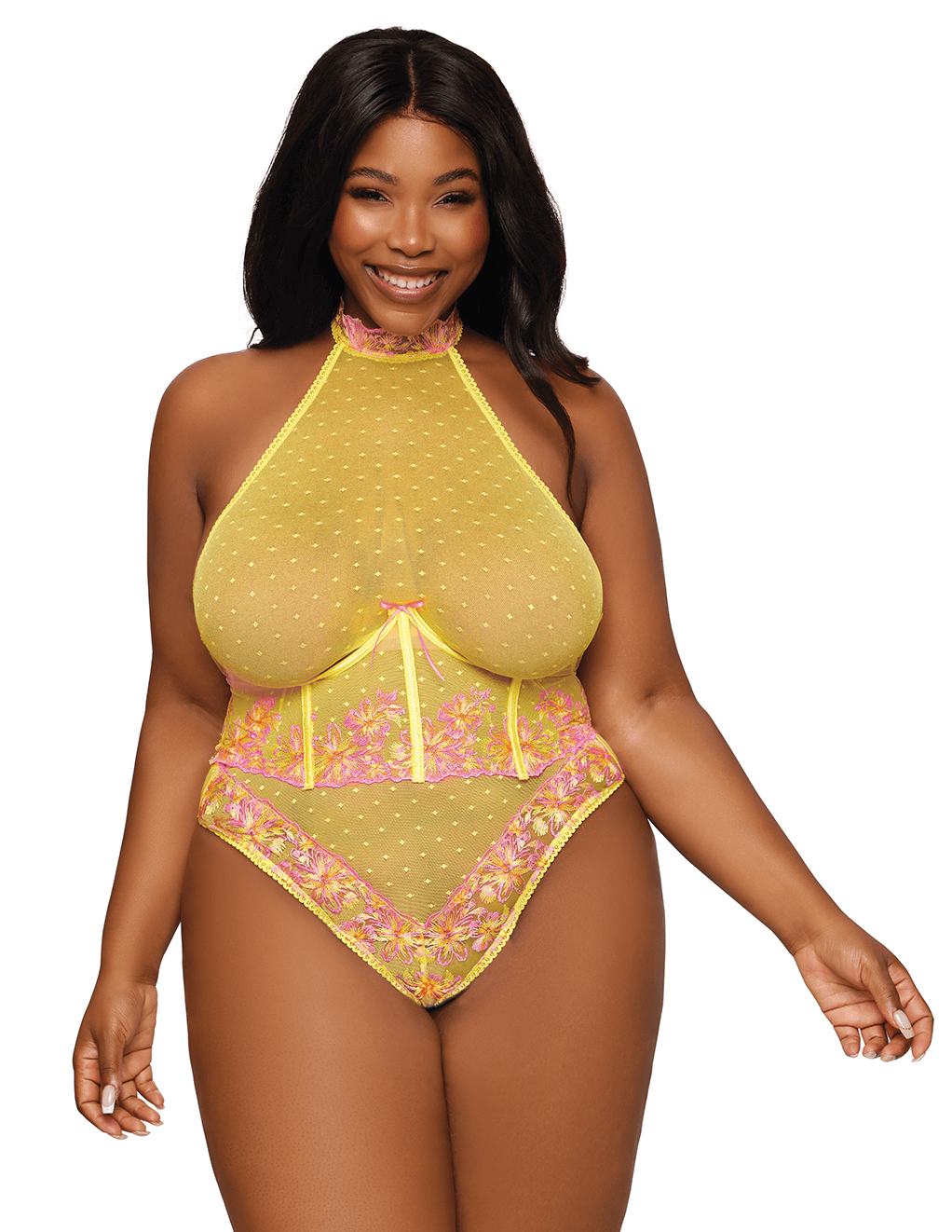 Dreamgirl Embroidered Dot Mesh Teddy & Cincher - Citrus - Front Plus