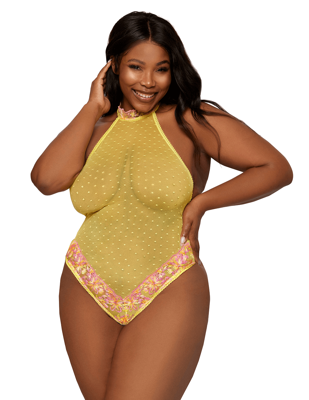 Dreamgirl Embroidered Dot Mesh Teddy & Cincher - Citrus - Teddy Front Plus