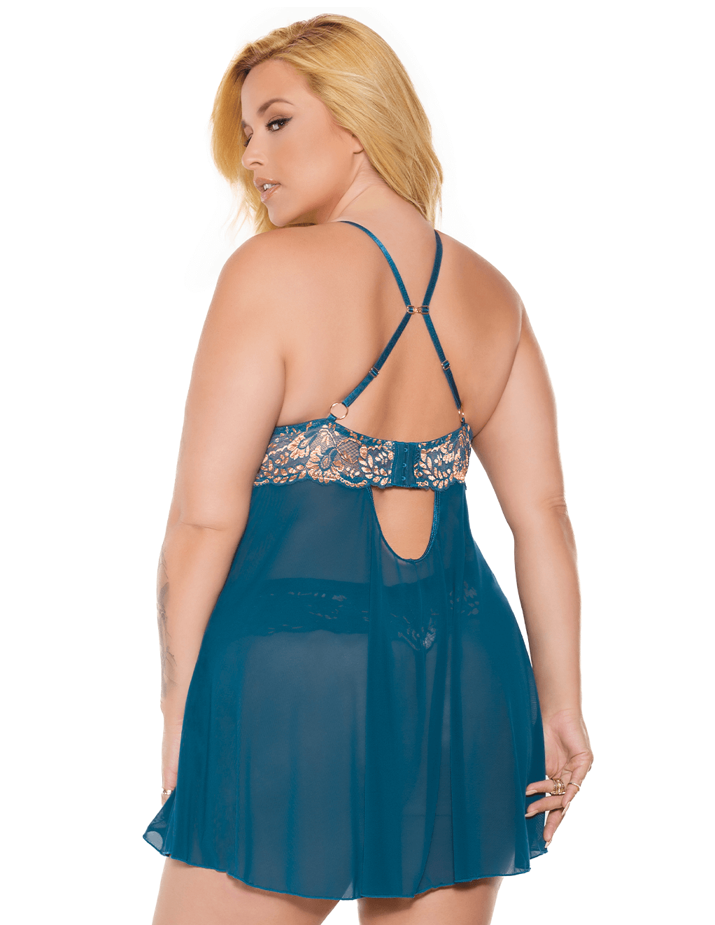Coquette Floral Embroidered Babydoll Set - Teal - Plus Back