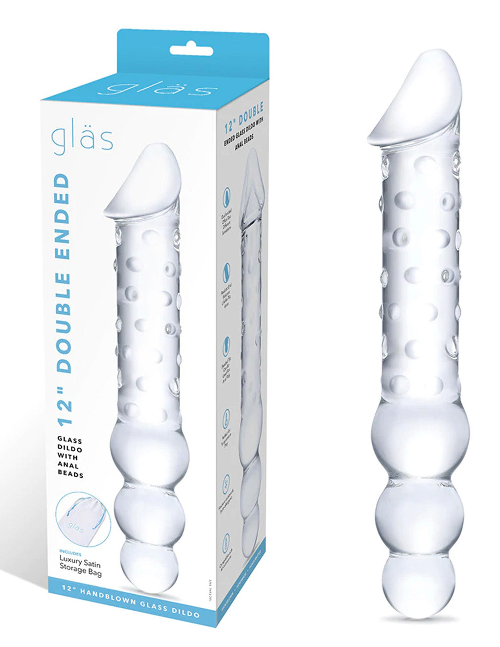 Glas 12" Double Ended Dildo w/ Anal Beads- Package