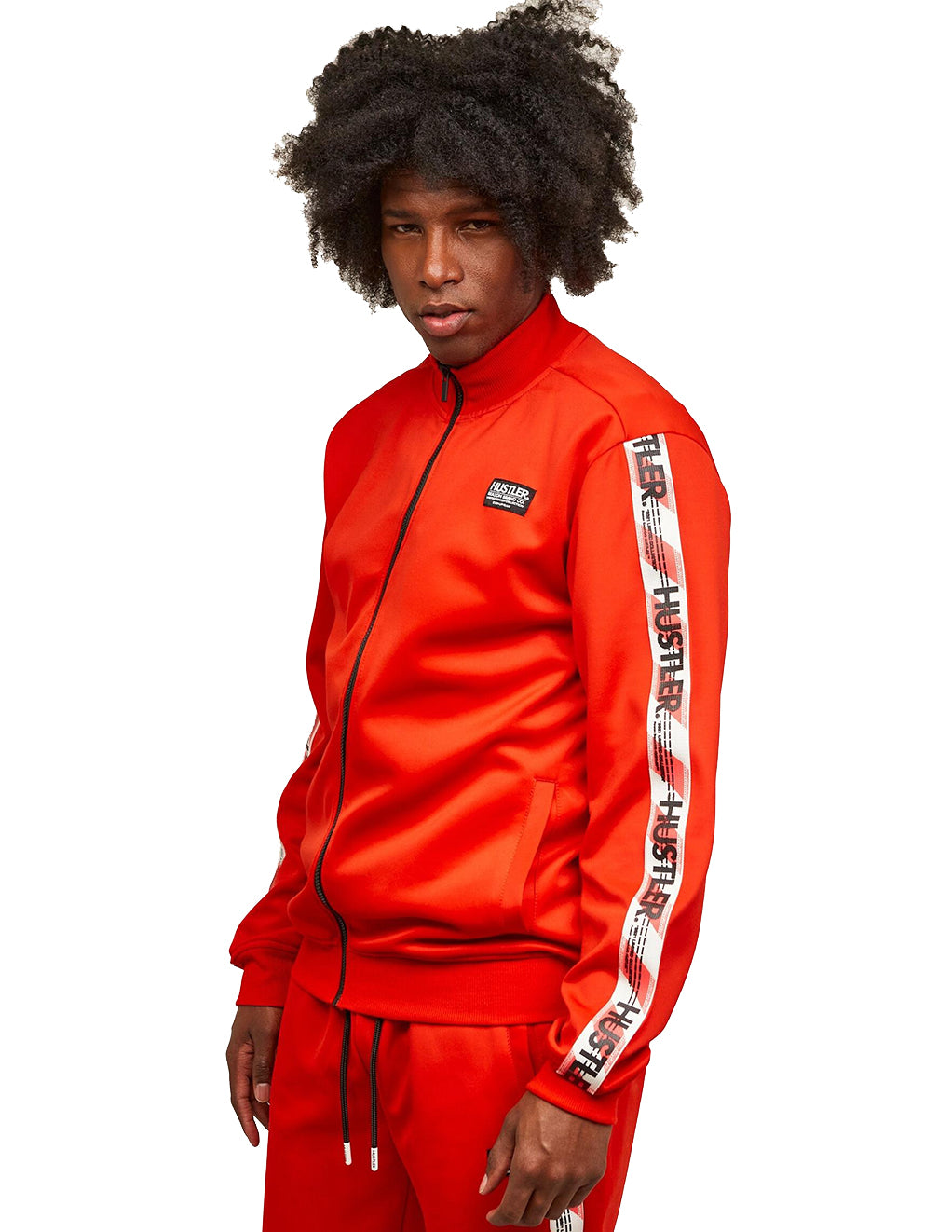 HUSTLER® Track Jacket- Red- Front on model