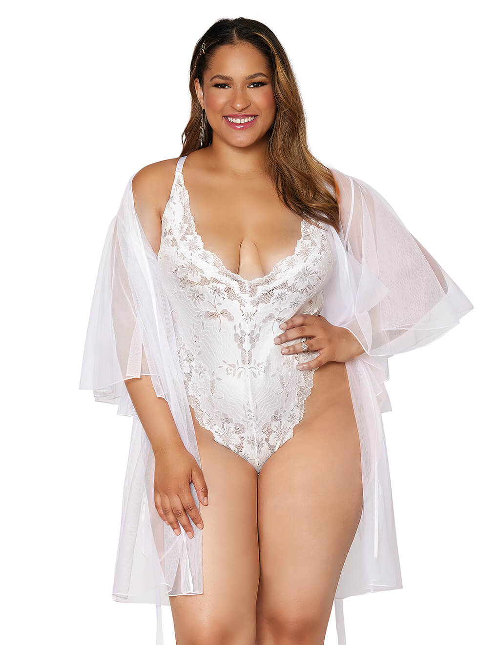 Dreamgirl Lace Teddy & Mesh Robe Set Plus - Front