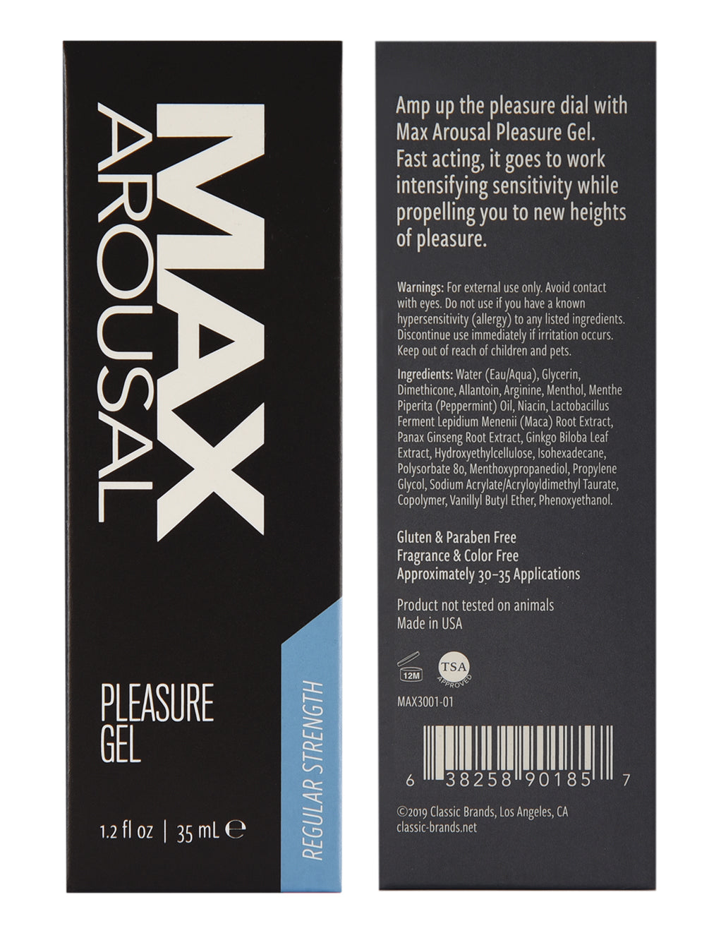 Max Arousal Pleasure Gel Regular Strength- Box details