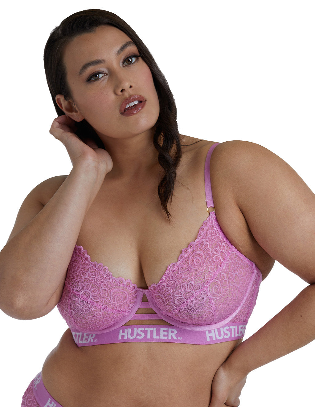 HUSTLER® Logo Lace Bra Curve 38-42- Pink- Main- Front