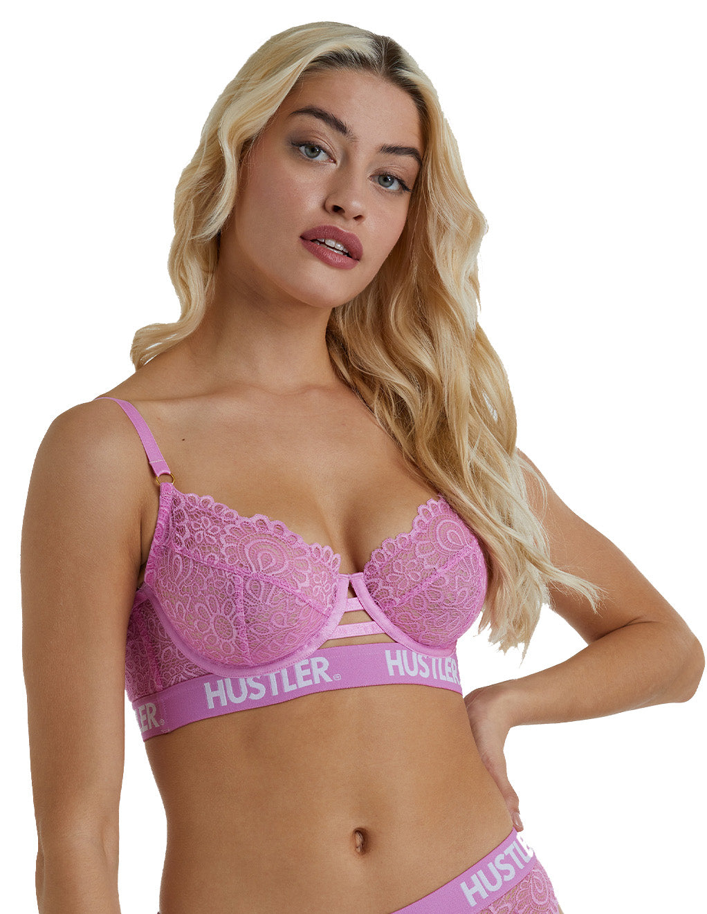 HUSTLER® Logo Lace Bra 32-36- Pink- Front