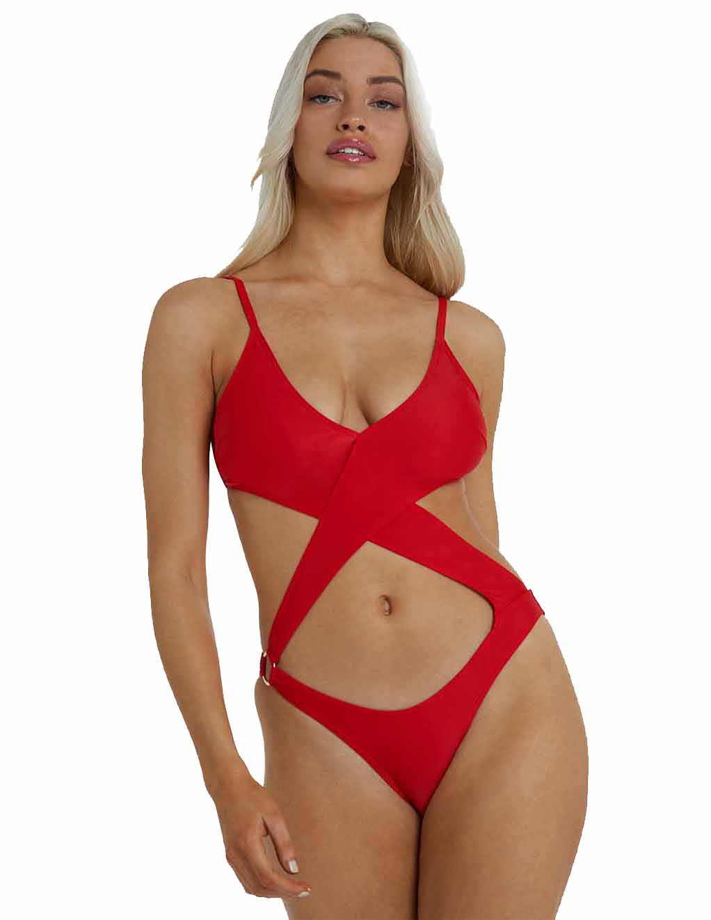 HUSTLER® Wrap Cut Out Swimsuit- Red- Front On Model