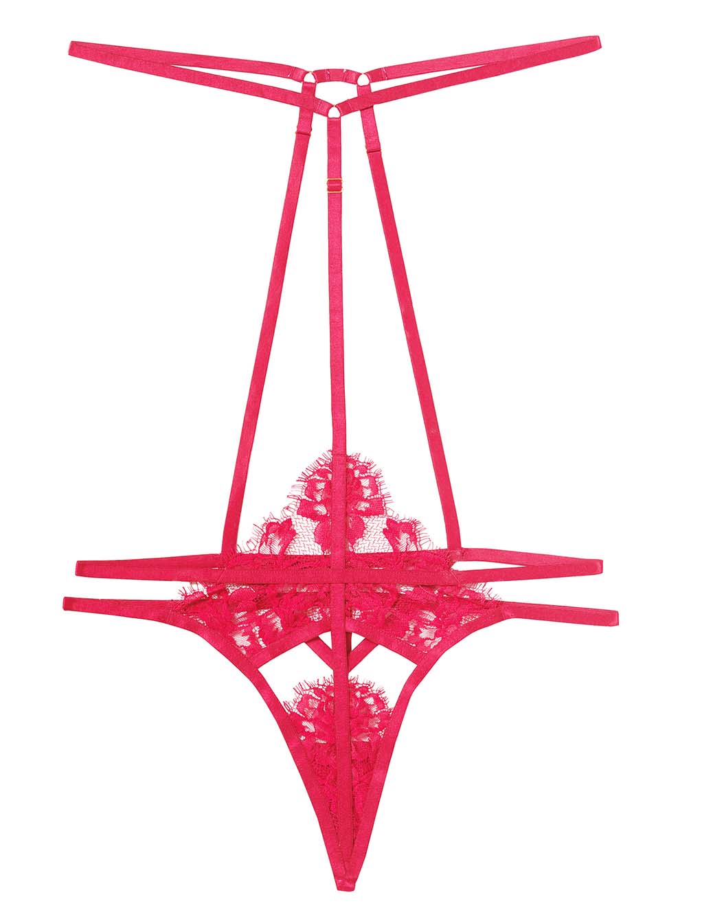 HUSTLER® Cherry Lace Harness Thong- Neon Pink- Front