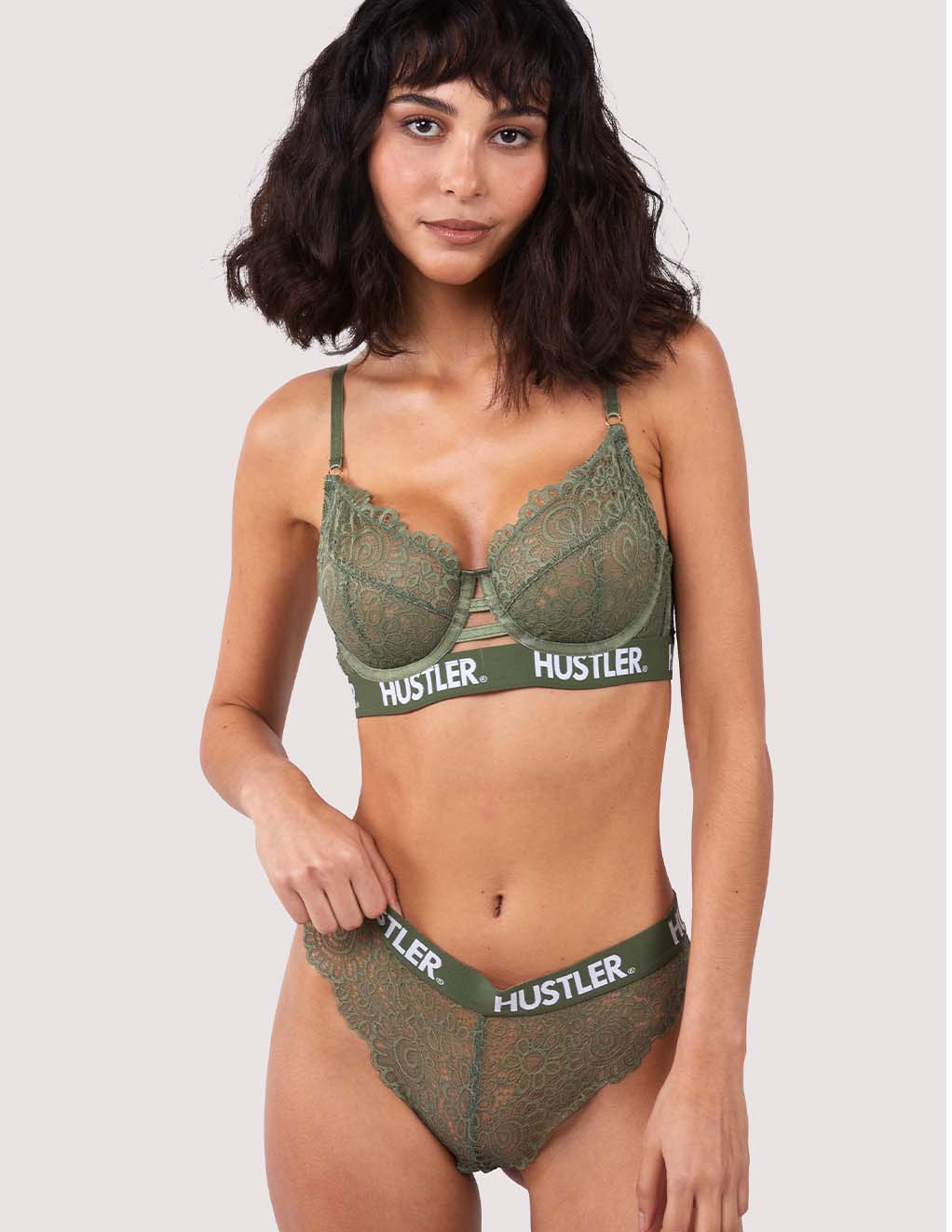 HUSTLER® Logo Lace Brief Olive- Set