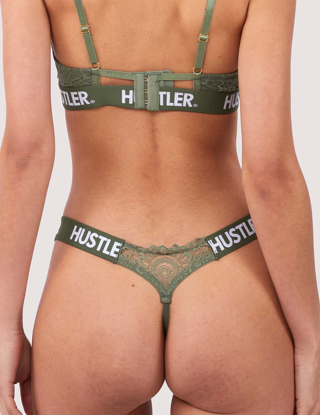 HUSTLER® Logo Lace Thong Olive- Set- Back