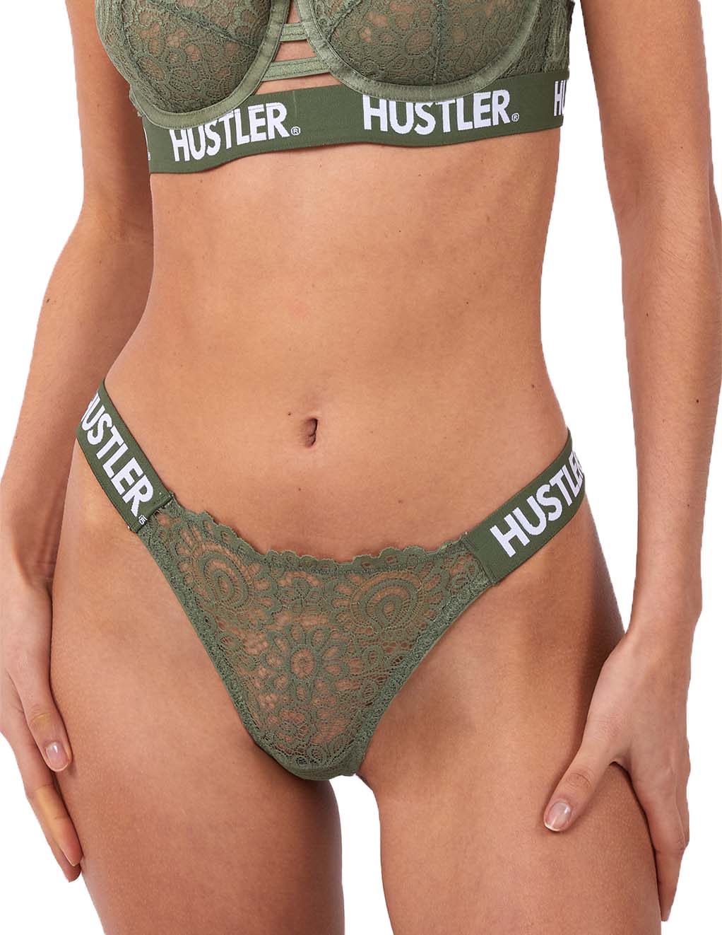 HUSTLER® Logo Lace Thong Olive- Front