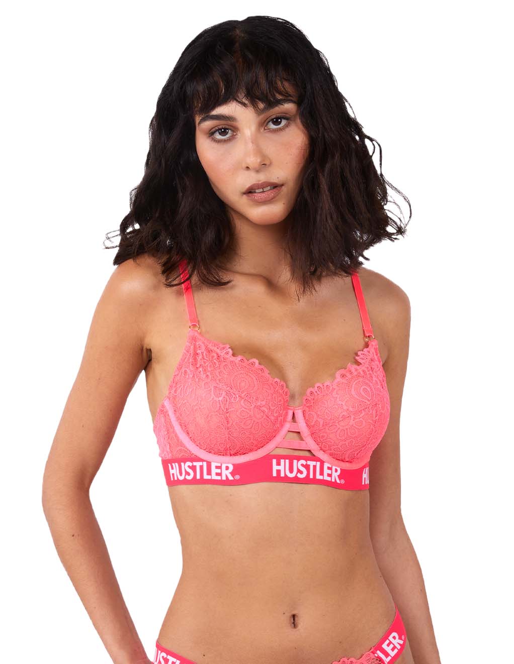 HUSTLER® Logo Lace Thong Neon Pink- Set- Front