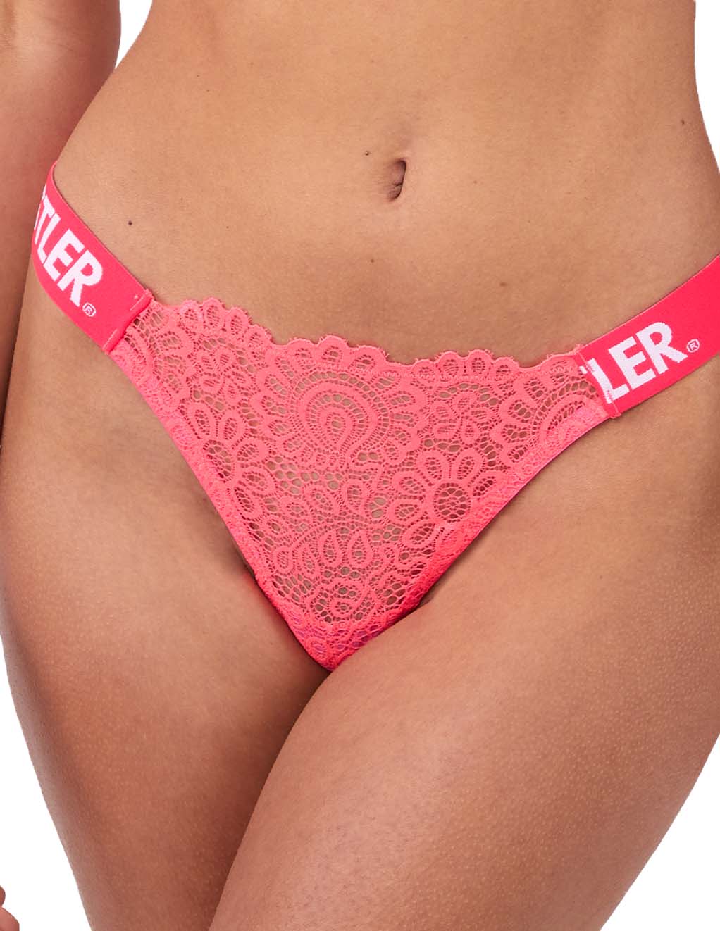 HUSTLER® Logo Lace Thong Neon Pink- Front