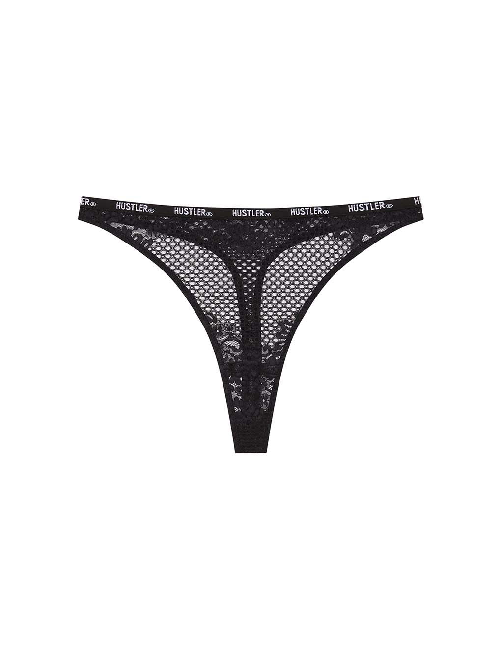 HUSTLER® Logo Fishnet High Waist Thong- Blat- Flat