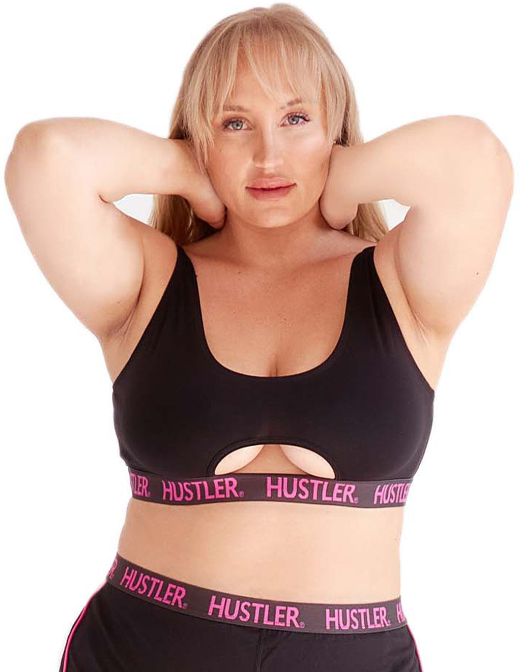 HUSTLER® Cutout Crop Top- Plus- Black- Pink- Front- Cropped