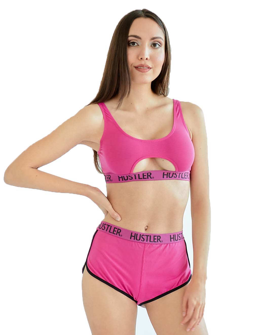 HUSTLER® Cutout Crop Top- Hot Pink/Black- Front