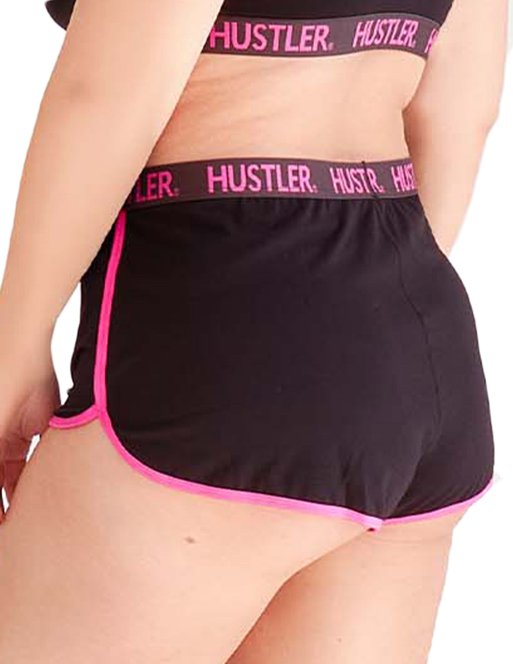 HUSTLER® Dolphin Shorts- Black Pink- Back- Cropped