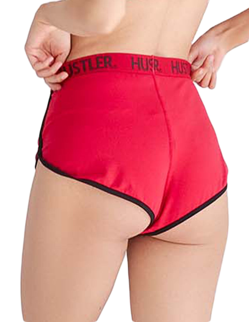 HUSTLER® Dolphin Shorts- Red Black- Back- Cropped