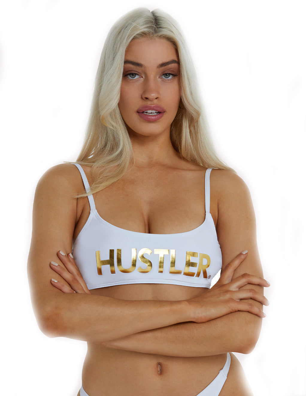 HUSTLER Logo Crop Bikini Top- Front- White