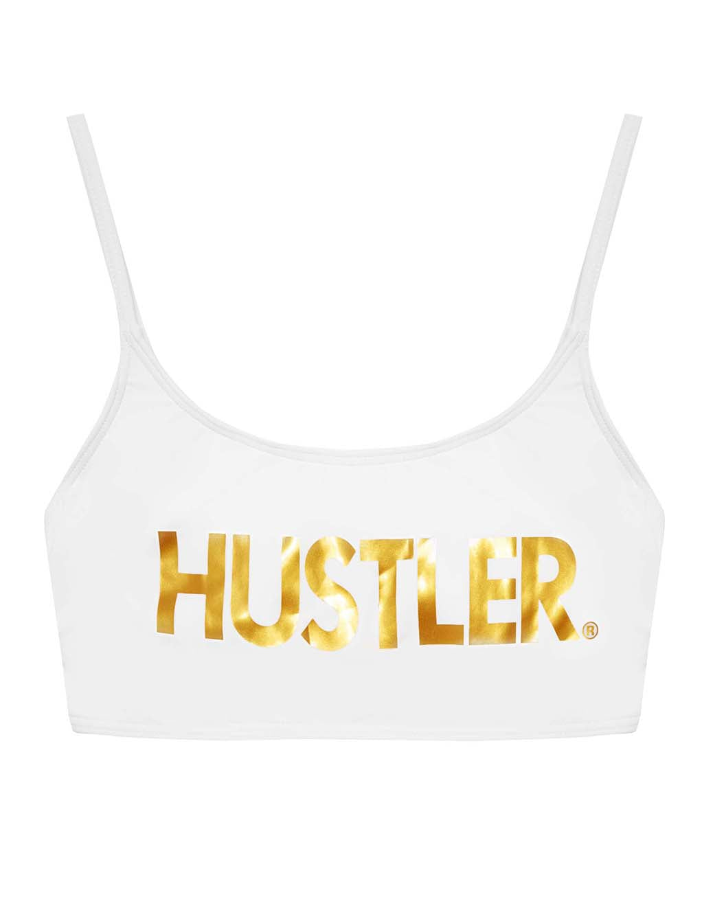 HUSTLER Logo Crop Bikini Top- White- Front Main