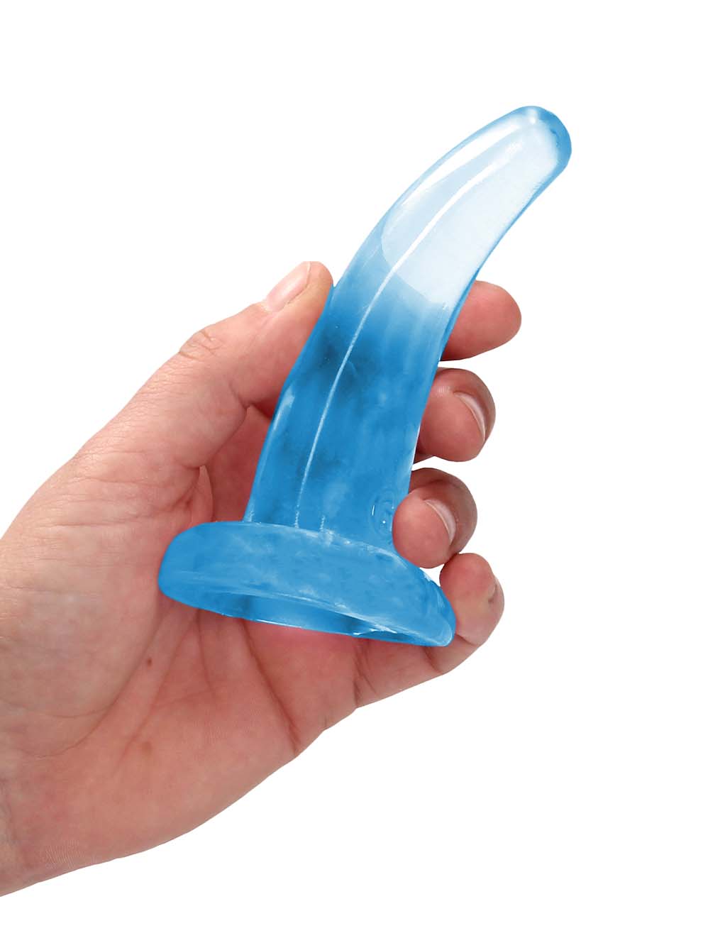 Real Rock Non Realistic Clear Curved 5" Dildo- In Hand