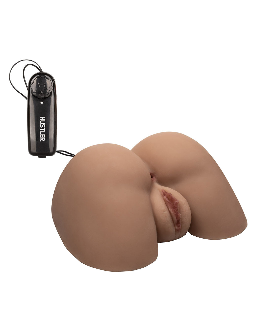 HUSTLER® Barely Legal Dual Vibrating Double Dip Masturbator- Chocolate-  Front with vibrator
