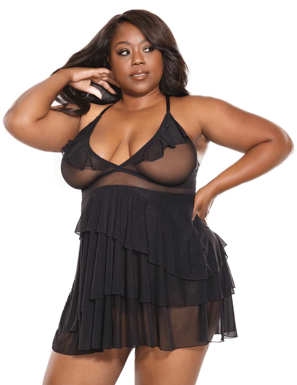 Coquette Ruffled Cup Mesh Babydoll - Black - Plus Front