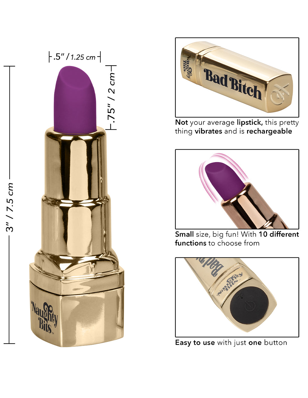 Naughty Bits Bad Bitch Lipstick Vibrator- size details