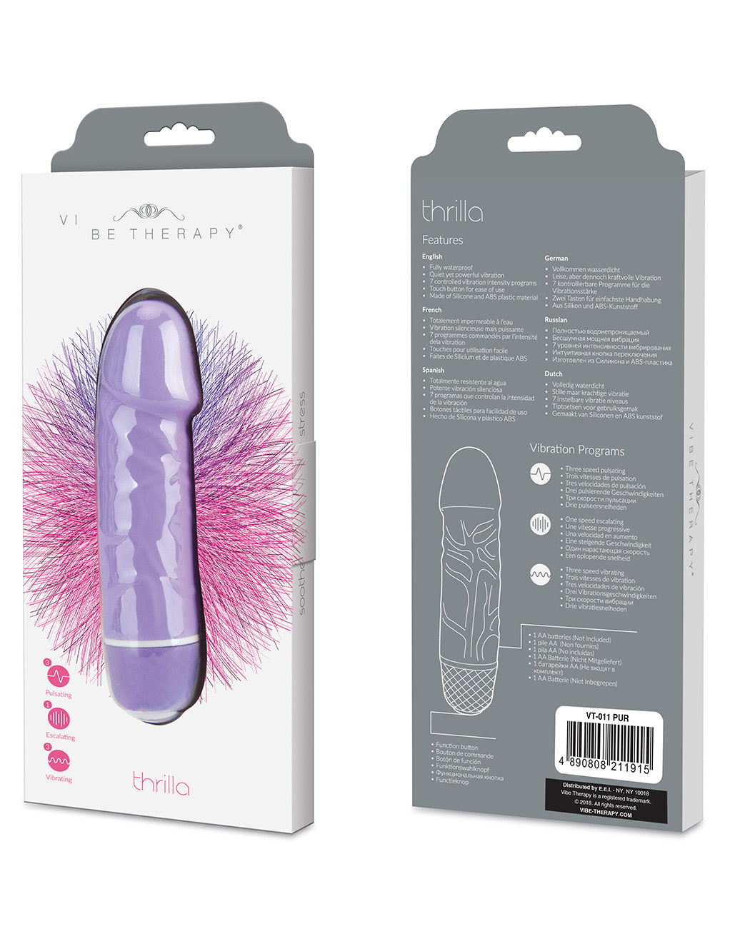 Vibe Therapy Mini Thrilla Silicone Battery Operated Massaging Vibrator- Purple- Front- Back- Box Features