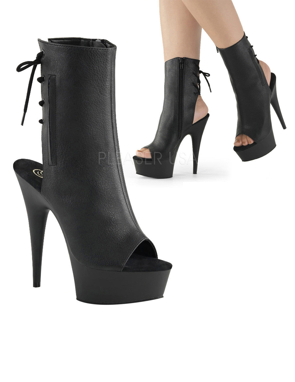 Pleaser Delight 1018 Platform Peep Toe Lace Up Ankle Boot Black PU